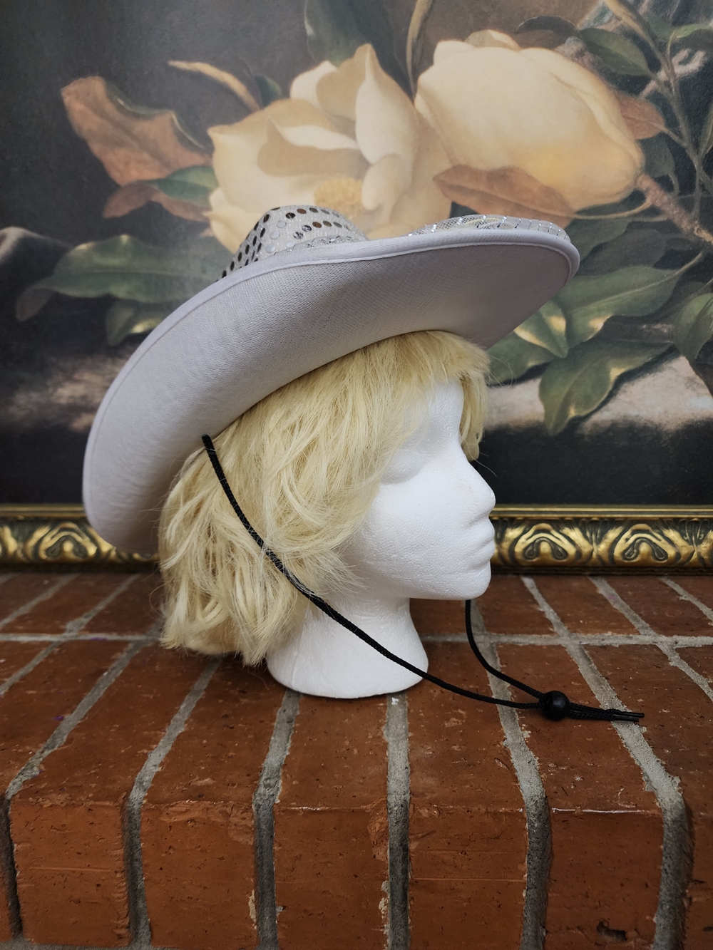White Sequin Straw Cowboy Hat with Chin Cord & Blonde Wig